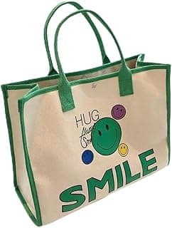 شنطة قماش Smile - شنطة صديقة للبيئة متعددة الاستخدامات بتصميم جرافيك مبتسم. مثالية لحمل مستلزمات الجامعة أو البقالة