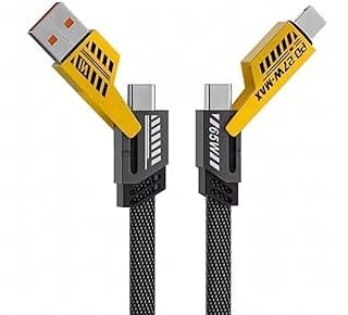 كابل شحن سريع متعدد 4 في 1 بطول 1.2 متر بقدرة 65W، مدخل ومخرج مزدوج، يدعم Power Delivery، سلك مجدول من النايلون مع لاصق فيلكرو متوافق مع الهواتف الذكية (أصفر)