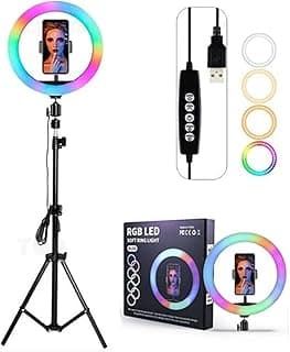 رينج لايت حلقة ضوء 7 الوان LED RGB‏ MJ33‏ مع حامل معدني بطول 2 متر للموبايل الذكي والكاميرا وفيديو يوتيوب