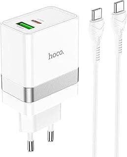 شاحن حائط سريع N21 بمنفذين PD30W+QC3.0، (5 فولت / 3 أمبير) مع كابل Type-C إلى Type-C بطول 1 متر، قابس أوروبي، يدعم بروتوكولات الشحن السريع لهواتف ايفون، سامسونج، شاومي، اوبو، هواوي - أبيض، USB