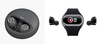 (سماعات KSL-T10 لاسلكية بلوتوث - رمادي + سماعات Aipower Wearbuds لاسلكية مع متتبع لياقة بدنية 2 في 1، تقنية AptX، تشغيل 5.5 ساعة، مراقب ضربات القلب، عداد خطوات، عداد سعرات حرارية - أسود)