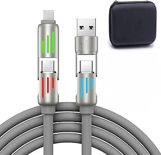 كابل 4 في 1 بقوة 240 وات، كابل شحن سريع PD 5A ومزامنة بيانات مع USB A وType C وLightning، كابل شحن متعدد مع إضاءة، طول 4 قدم متوافق مع ايفون واللابتوب (رمادي)