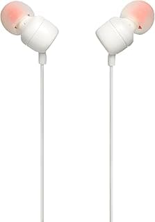 سماعة T110WHT في الاذن اذن سلكية جيه بي ال T110 بتصميم مذهل وسهل الاستخدام وصوت جهير نقي، وجهاز تحكم عن بعد بزر واحد مع ميكروفون، وكابل مسطح خالٍ من التشابك - ابيض