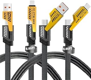 عدد 2 كابل شحن سريع 4 في 1، لنقل البيانات، طول 6.65 قدم، كابل مجدول 65W، USB C وUSB A وIP، كابل شحن متعدد للموبايل/التابلت والمزيد