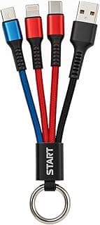 3-in-1 Keychain Charging Cable 20cm, Fast Charge 3.1A Nylon Braided USB Cable with LED Light – Compatible with IOS, Type-C & Micro USB Devices