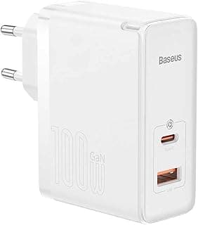 شاحن حائط بتقنية الشحن السريع 100 وات GaN5 برو نوع سي + منفذ USB من باسيوس، مع فيشة بريطانية، أسود