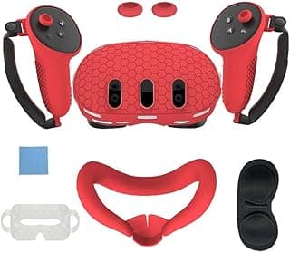 fashion mania 7 in 1 Silicone Protective Shell Case For Meta Quest 3 （2023）Protective Case Set Controller Grip Cover Face Lens Cover (red)