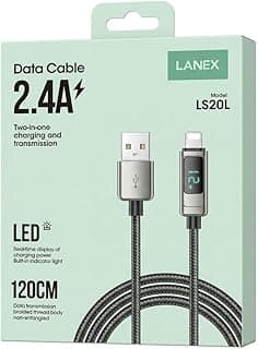كابل USB الى لايتنينج للشحن السريع ونقل البيانات LS20L من لانكس مع مؤشر LED ذكي، مغطى بالنايلون المتين، بطول 1 متر، متوافق مع ايفون وايباد - اسود