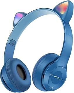 P47M CAT Cat Ear Bluetooth 5.0 Wireless Gaming Headset, LED Light Stereo Sound Stereo Headphones, RGB Colorful LED Light, Built-in Microphone, Support Memory Card (Blue)