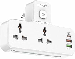 وصلة كهربائية محمولة SC2311 من لدنيو مع 2 مقبس، طاقة تيار متردد و3 منافذ USB، بقوة 2500 واط وضوء ليلي - لون أبيض