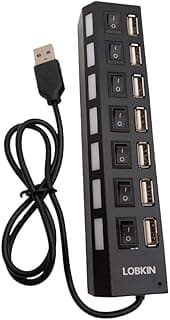 لوبكين موزع USB 7 في 1، منافذ بيانات محمولة مع مفاتيح تشغيل/ايقاف فردية ومصابيح LED، متوافق الكمبيوتر وذاكرة فلاش والماوس والكيبورد ومحاور شبكات usb2.0، أسود