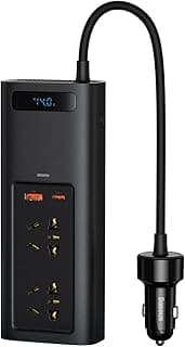محول طاقة للسيارة Baseus 150W، يحول من 12 فولت DC إلى 110 فولت AC، مخرج ولاعة، شحن سريع Type C وUSB، أسود