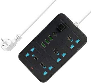 Multi Outlet Power Strip - 2500W Power Strip with 3 USB Ports and 1 Type-C Output, 2M Cord Length (Black, 4 Ports)