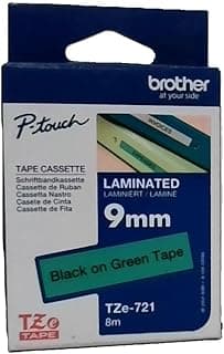شريط لاصق Brother TZe-721، عرض 9 مم × طول 8 م، مغلف، مستلزمات Brother الأصلية - أسود على أخضر