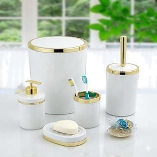 طقم إكسسوارات حمام، لون أبيض وذهبي، 6 قطع، تصميم أنيق، يشمل موزع صابون وحامل فرشاة أسنان وسلة مهملات