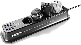 مشترك كهرباء MOXOM MX-ST05 بـ 4 مخارج مضادة للكهرباء الساكنة، 6 مخارج USB، 2 مخرج Type C، طول 2 متر، أسود