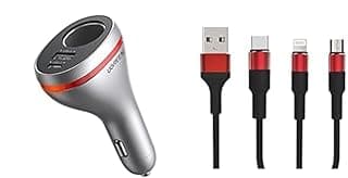 مجموعة أساسية للسيارة شاحن سيارة USB مزدوج محول طاقة ولاعة سجائر PD 20 واط + كيندكس KX 2463 كابل 3 في 1 للشحن السريع ونقل البيانات لنوع سي ومايكرو وآيفون 1.2 متر لايتنينج من يوجرين متعدد