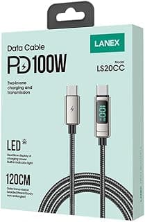 لانكس LS201CC كابل شحن سريع USB-C الى USB-C، يدعم طاقة حتى 60 وات، مع مؤشر LED ذكي وجديلة نايلون متينة، طول 1 متر - اسود