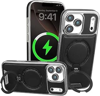 جراب جلد فاخر من V Volt لـ ايفون 17 برو ماكس 6.9 بوصة متوافق مع ماج سيف مع حامل حلقي مدمج قابل للطي حماية كاملة لعدسات الكاميرا غطاء مقاوم للصدمات تصميم أنيق . (أسود)