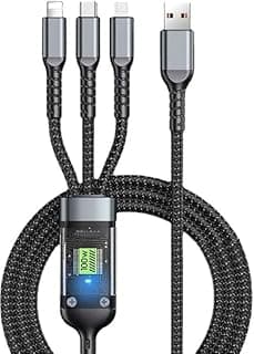 كابل USB متعدد 3 في 1 مغطى بالنايلون للشحن السريع 6A/100W بشريحة ذكية، إصدار سميك، متوافق مع Lightning/Micro/Type-C