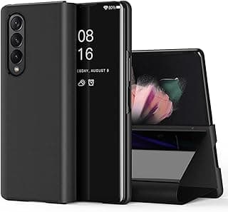 CCSamll Mirror Case for Samsung Galaxy Z Fold4 5G with Kickstand, Luxury Clear View Smart Display Flip Case Ultra Thin with Wireless Charging Phone Cover for Samsung Galaxy Z Fold 4 QH Black