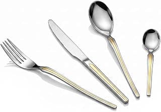 Kazan 13011 Premium 86-Piece Stainless Steel Cutlery Set - Full Service for 12 with Dinner Knives Forks Spoons Tea Coffee Cake Utensils Meat Forks Sugar Spoon Salad Servers - Gold
