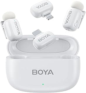 Boyamini Wireless Lavalier Microphone for iPhone/iPad Android Device with 2 Plugs&2 Ultra Mini Mics with 30H Usage, AI Voice Change, Lapel Microphone for Vlog, Streaming, TikTok, YouTube(White)