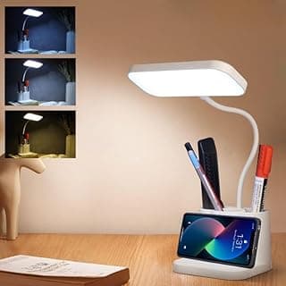 مصباح مذاكرة LED قابل للشحن - مصباح طاولة بتحكم باللمس للطلاب مع رقبة مرنة | 3 ألوان إضاءة، إضاءة مكتب USB للمذاكرة والقراءة | إضاءة ليلية مع حامل موبايل وأقلام