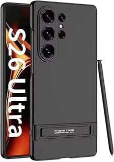 جراب متوافق مع سامسونج Galaxy S26 Ultra، جراب ظهر بحماية فائقة مع غطاء لحماية الكاميرا ومسند مدمج ومضاد للصدمات (أسود، مسند PC)