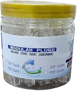 RJ-45 Cat6 Modular Connector, 100 Pieces, Transparent with Gold Contacts, for Wired Networking