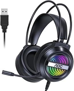 سماعة رأس للألعاب AOC GH120 بنظام صوت محيطي 7.1 بمنفذ USB، تأثير إضاءة ملونة ار جي بي/ لطيفة على البشرة ومزودة بمسامات للتهوية/ميكروفون مرن بتقنية خفض الضوضاء/مشغلات 50 ملم للكمبيوتر وPS4/ أسود