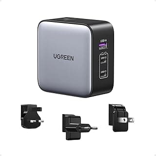 شاحن حائط سريع 65 وات من يوجرين، بمنفذ USB C مع 3 منافذ، قابس أمريكي/بريطاني/أوروبي للسفر متوافق مع ماك بوك برو/اير، ديل اكس بي اس، آيفون 14 برو ماكس، اي باد، جالاكسي S23 S22، ستيم ديك