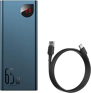 باور بانك 20000 مللي امبير في الساعة بمنفذ شحن سريع USB-C بتقنية QC 4 وPD ‏65 وات من باسيوس بـ4 مخارج لابل ماك بوك/ديل/مايكروسوفت سيرفس برو/اتش بي/نوت بوك/ايفون/جالاكسي واكثر- ازرق 30000 بوليمر