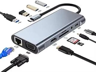 موزع USB-C 11 في 1 | قاعدة شحن متعددة المنافذ مع HDMI وVGA وشبكة LAN وUSB 3.0 وبطاقة ريد