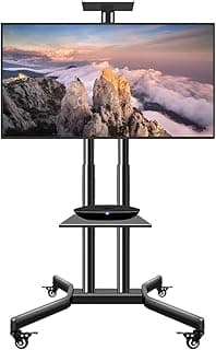 Rolling TV Cart Mobile TV Stand with Wheels Floor TV Trolley for 32-70 Inch LCD LED Flat Curved Screen, Height Adjustable Portable TV Stand Movable Tilt Holder Holds up to 50kg with Media Shelf Tray