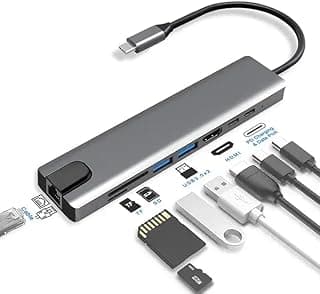 محول موزع USB-C 8 في 1 - نوع C الى HDMI، 3 USB 3.0، دعم شحن ممر PD، قارئ بطاقات SD/TF، منفذ ايثرنت ار جيه 45 - قاعدة متعددة المنافذ لماك بوك ولابتوب ويندوز والمزيد