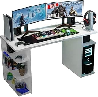 Modern Gaming Computer Desk with 5 Shelves & Cable Management | Large Monitor Stand Workstation | Wooden PC Desk for Home Office & Gaming Setup | 136×60×75 cm – White.