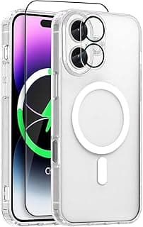 MagSafe Compatible Cover with Tempered Glass Screen Protector and Camera Lens Protection, Translucent Matte Case, Military Grade Protection-Transparent