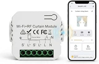 Smart WiFi & RF 433MHz Curtain Switch Module, Mini Smart Relay for Roller Blinds & Shutters, Compatible with Tuya Smart Life, Alexa & Google Home, App & Voice Control, Timer, No Hub Required