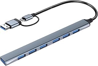 موزع USB C، 7 منافذ USB-C الى USB A، موزع 3.0/2.0، خليط معدني من الالومنيوم، رمادي