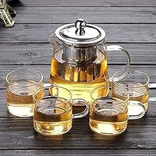 Borosilicate Square Glass Tea Pot with Heat Resistant Stainless Steel Infuser Perfect for Tea and Coffee Maker, Clear Glass Kettle (550 ML, Tea Pot with Cups)