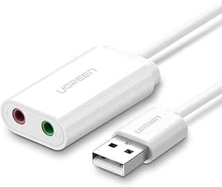 كرت صوت خارجي يوجرين، محول صوت 3.5mm إلى USB، محول ميكروفون USB، محول 2 في 1 جاك 3.5mm، متوافق مع ويندوز، ماك او اس، لينكس، اندرويد، كمبيوتر، لابتوب، ديسكتوب، سويتش، PS5 - أبيض