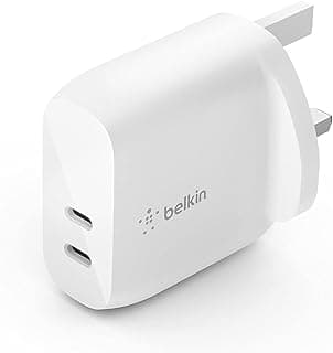 شاحن حائط USB نوع سي بقدرة 40 واط (منافذ USB نوع سي مزدوجة 20 واط لكل منفذ توصيل طاقة سريع يدعم الشحن لايفون 14 و13 و12 و12 برو و12 برو ماكس وميني وايباد برو وجالاكسي وغيرها) من بيلكن، أبيض