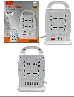 مشترك كهرباء مزدوج الجوانب بـ 8 مخارج عالمية و8 منافذ USB، منفذ Type C للشحن السريع، حماية من ارتفاع التيار، مفتاح تحكم، مقاوم للحريق
