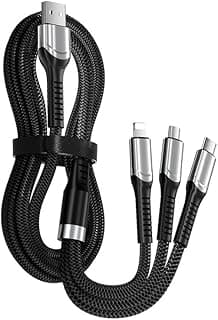كابل شحن 3 في 1 من fashion mania قدرة 200W، كابل شحن سريع مغطى بالنايلون، منافذ متعددة Type-C و Micro USB و IP للموبايلات - طول 1.3 متر