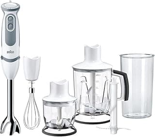 هاند بلندر MultiQuick 5 Vario بقوة 1000 وات، 21 سرعة، ملحق كبة/خلاط 1.25 لتر، كبة 350 مل، مضرب، دورق 600 مل خالي من BPA، سكينة جرش ثلج – ضمان دولي – MQ5245 WH