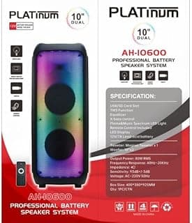 نظام سماعات احترافي ببطارية PLATINUM AH-10600، سماعة بلوتوث محمولة مزدوجة 10 بوصة، قوة 80 وات RMS، إضاءة LED لهب وموسيقى، أسود