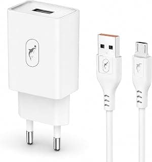 شاحن حائط USB-A أبيض مع كابل Micro – شاحن ثنائي بفيشة أوروبية للأجهزة المتوافقة مع Micro
