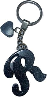 Resin Letter R Keychain with Black Tassel, Gold Chain, Navy Blue, 7 x 3 cm