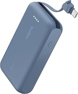 بلكن باور بانك محمول مع كابل مدمج 10K PD 20 واط - شحن سريع USB نوع سي، شاحن ايفون محمول لسلسلة ايفون 16 وايباد برو وجالكسي S24 والمزيد - ازرق